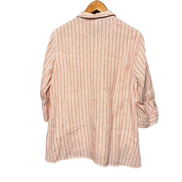 J. Jill Pure Linen Coral Orange White Striped Popover 3/4 Sleeve Tunic - Picture 2 of 13